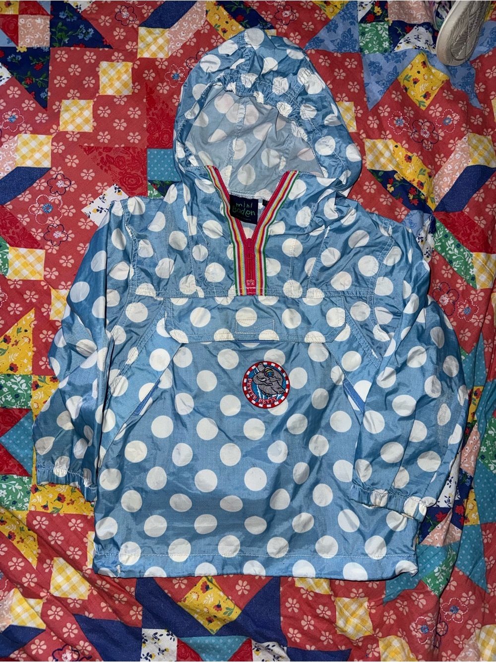 Mini Boden Light Blue and White Polka Dot Hooded Rain Pullover